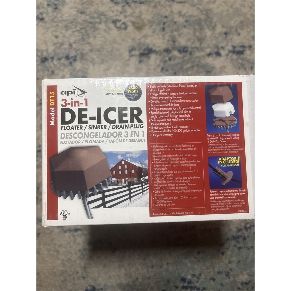 API 3-in-1 De-Icer 1500W Floating Sinking Drain Plug Live Stock Tank Heater